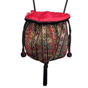 Jacquard Brocade Ribbon Potli Bag Purse Pouch Drawstring Bag Black Gold Red Gree